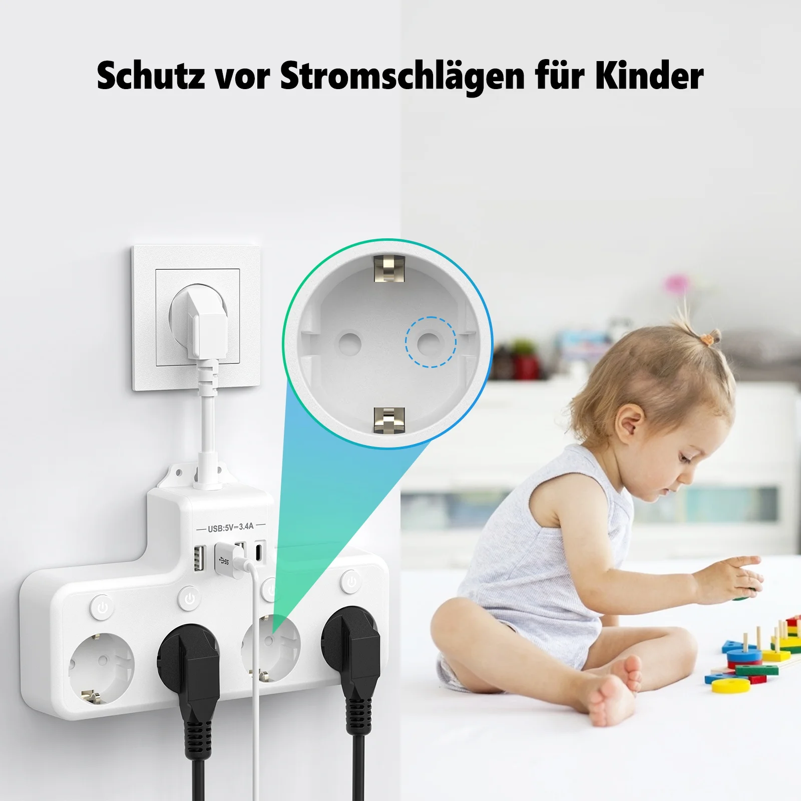 EU Plug Power Strip Multiple Socket with Individual switch 4 AC Outlets 4 USB Wall Socket Surge Protector