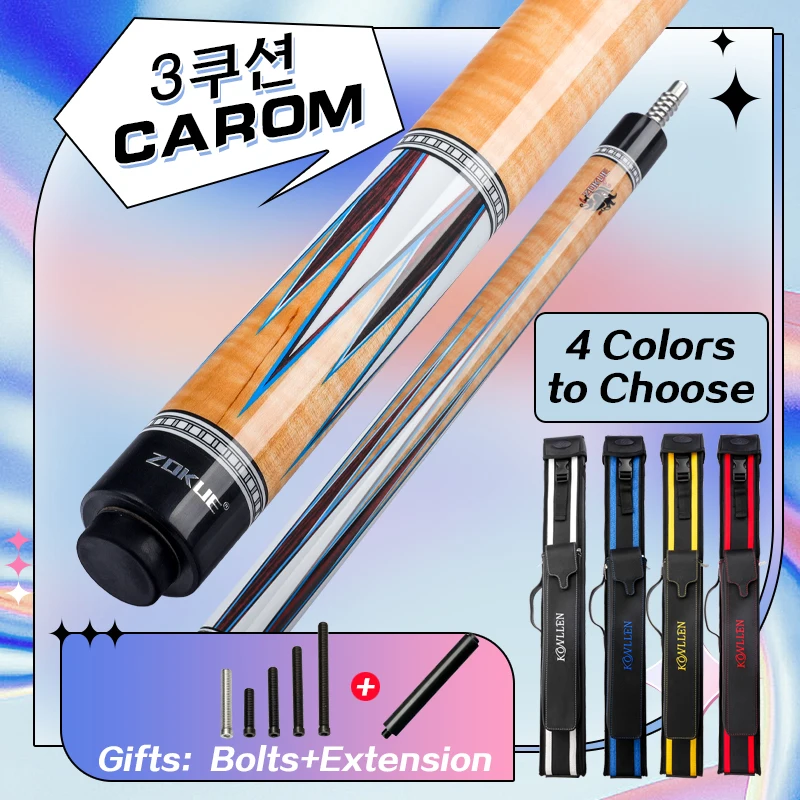 ZOKUE Carom Cue Stick French Carom Billiard Play Cue Three Bands Korean 3 Cushion Cue Taper 12mm Tip 142cm Libre Cue With Case