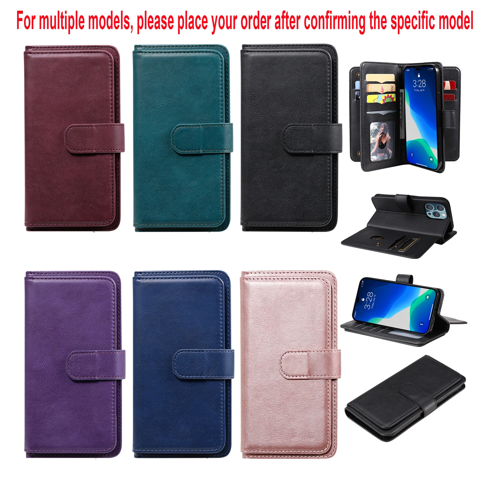 Leather Flip Wallet Phone Case with Card Holder and Stand Feature