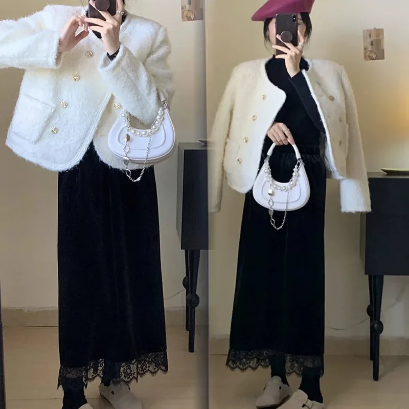Maternity Black Thick Velvet Half Skirt Autumn Winter Lace Wrap Body Long Straight Split Skirt Comfortable Stretchy Maternity Dr