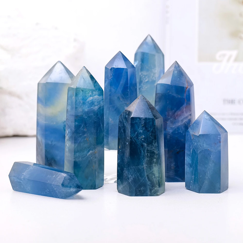 1PC Natural Crystal Blue Fluorite Point Wand Healing Gemstone Fluorite Crystal Column Quartz Tower Home Decoration 3