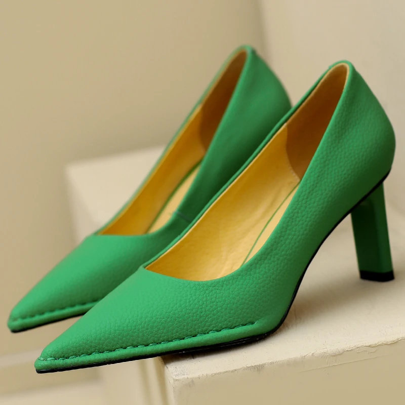 Genuine Leather Green High Heels Women 