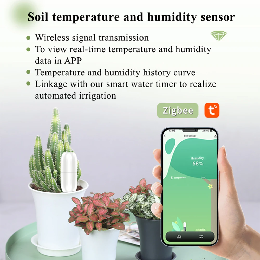Tuya Zigbee 무선 토양 지능형 온도 습도 테스터 모바일 폰 APP 정원 농지 심기를위한 실시간