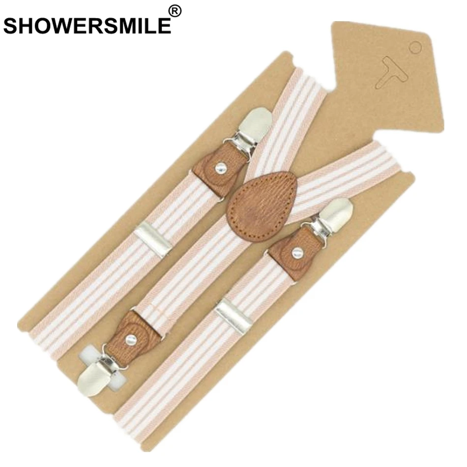 SHOWERSMILE Braces For Children Suspenders Strap Pink Stripe Leather Pants Strap Clips Tuxedo Suspensors For Boys Girls Tirantes