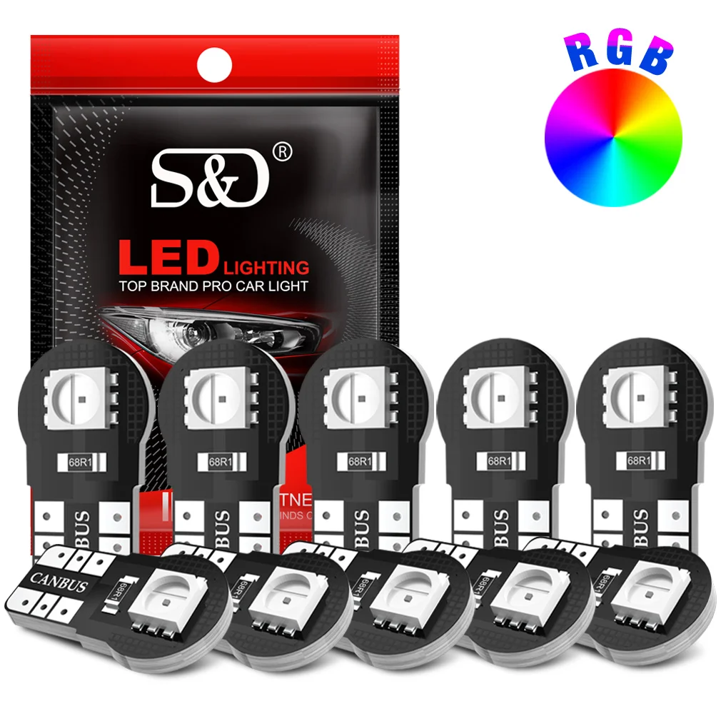 

10 шт., автомобильные светодиодсветодиодный Лампы Canbus T10 W5W, 5050 RGB, 2SMD 5050, 12 В