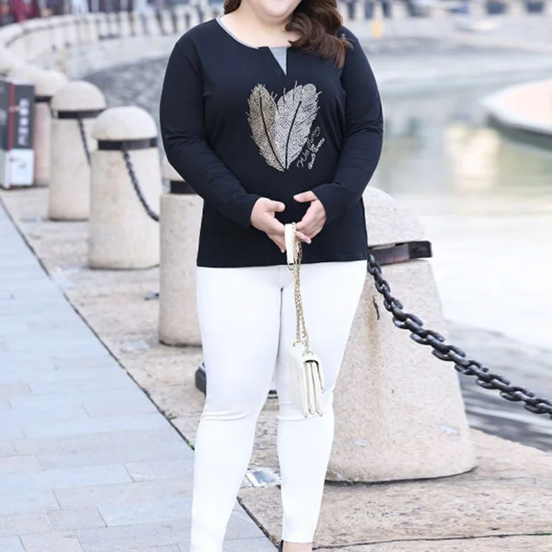 Office Lady Fake Loose Two Pieces T-Shirt Korean Crew Neck Diamonds Patchwork Long Sleeve Top Spring Autumn Plus Size Clothes
