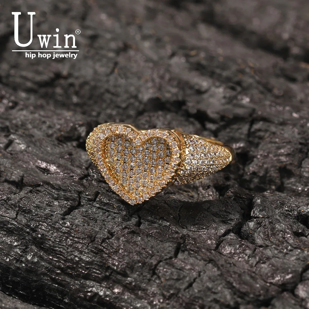 

UWIN Sunken Heart Ring Micro Paved Out Bling Cubic Zirconia Ring Exquisite Gift For Men Women Punk Fashion HipHop Jewelry