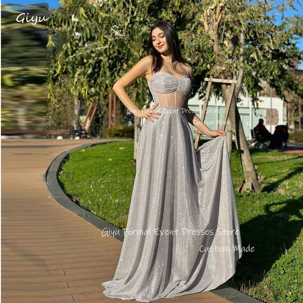 

Giyu Shiny Silver A Line Long Evening Dresses Spaghetti Straps Sleeveless Dubai Arabic Women Prom Gowns Formal Party Dress