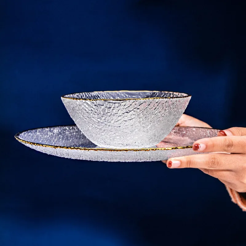 Gold Edge Glass Plate Rice Soup Dessert Salad Vegetable Bowl Dessert Cake Tray Tableware