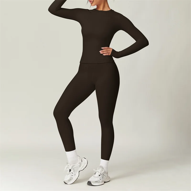 SVEIC Mangas compridas conjunto de yoga leggings esportes topo respirável fitness treino feminino treinamento duas peças terno roupas ginásio