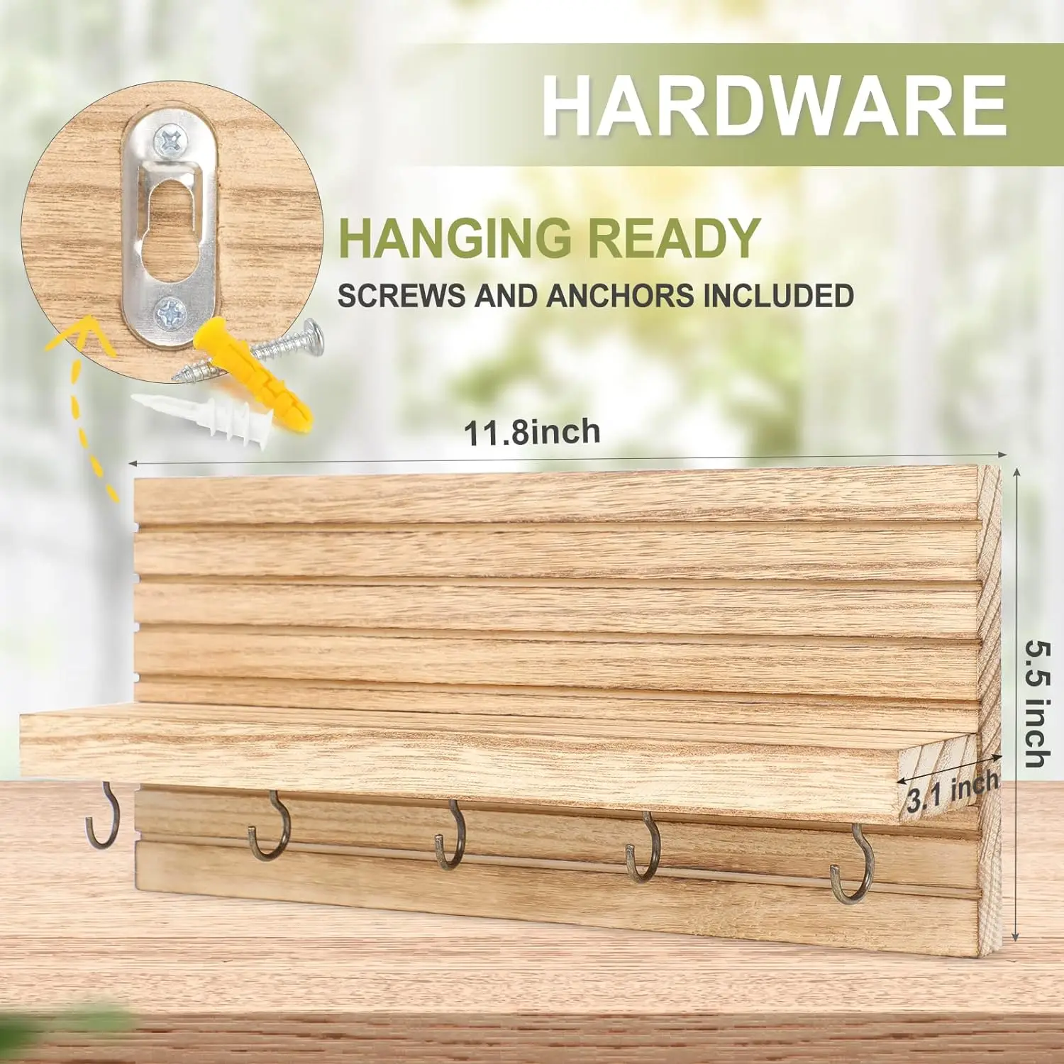 Decorative Key Holder for Wall with Shelf Entryway Wooden Floating Shelf with Hooks Home Decor Key Rack Mail Organizer for Wall 6