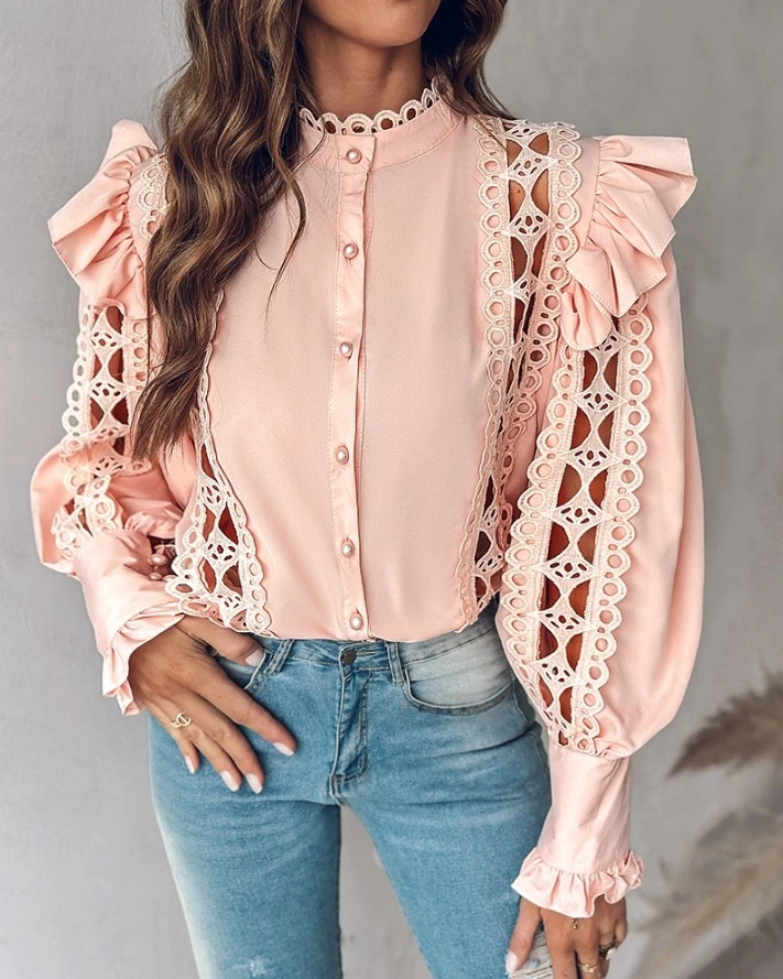 Elegant Shirt for Women 2024 Spring Pearl Button Fly Plain Embroidery Ruffles Lantern Sleeve Hollow Out Loose Top Vintage Blouse
