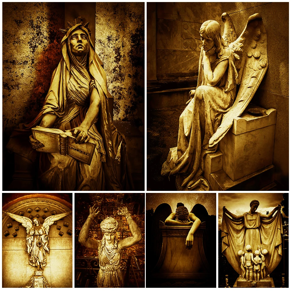 

Statues Of The Virgin And Angels In The Cemetery Vintage Wall Art Canvas Painting Angel Guarding The Dead Art Poster Print Decor