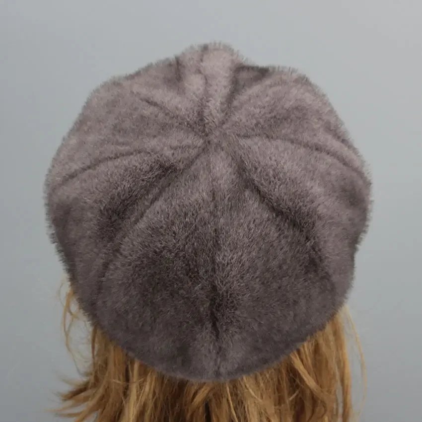 Women Beret Autumn Winter Faux Fur Hat Solid Plain Octagonal Newsboy Cap