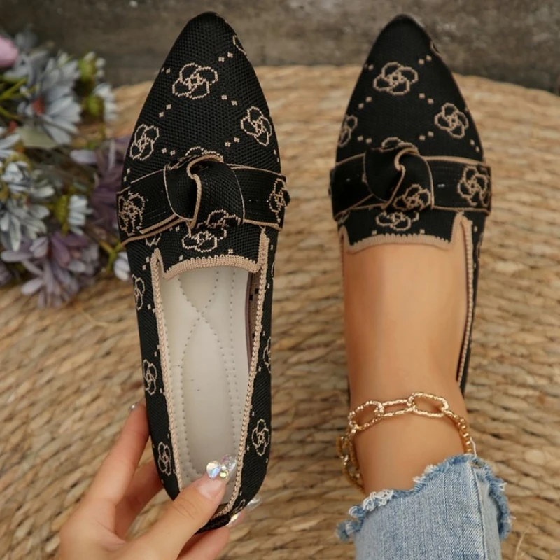 2024 Women's Knitted Slip on Flats Breathable Comfortable Solid Color Flat Shoes Casual Pointed Toe Walking Shoes Women Loafers 2