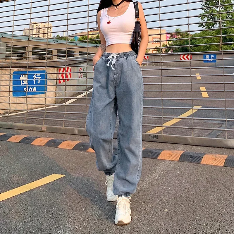 Street Drawstring Jeans Indie High Waist Ankle-tied Pant Women 2021 New Fashion Blue Loose Vintage Y2k Denim Pants Spring Autumn 2021 new spring and autumn women s ripped jeans high waist loose straight pants wide leg pants women jeans y2k high street jeans