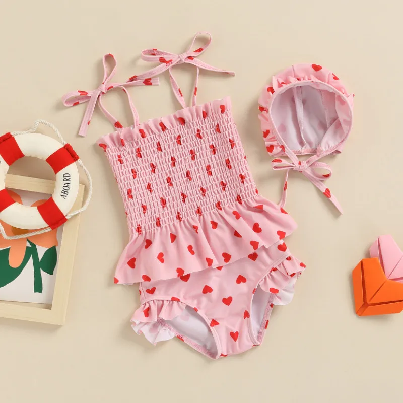 

Купальник для маленьких девочек 3 шт., топы с сердечком и рюшами + шорты + шляпа, купальник для малышей, младенцев 0-24 месяца