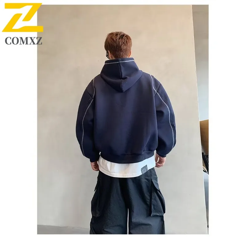 COMXZ 2025 New Men's American jacket Spring Autumn Streetwear Stitch Detail 3D Cut Hoodie Trendy Loose Versatile Casual Top 2025