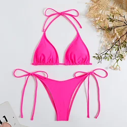 Elegant Solid Color Thong Bikini Set with Adjustable Straps - S (Rose)