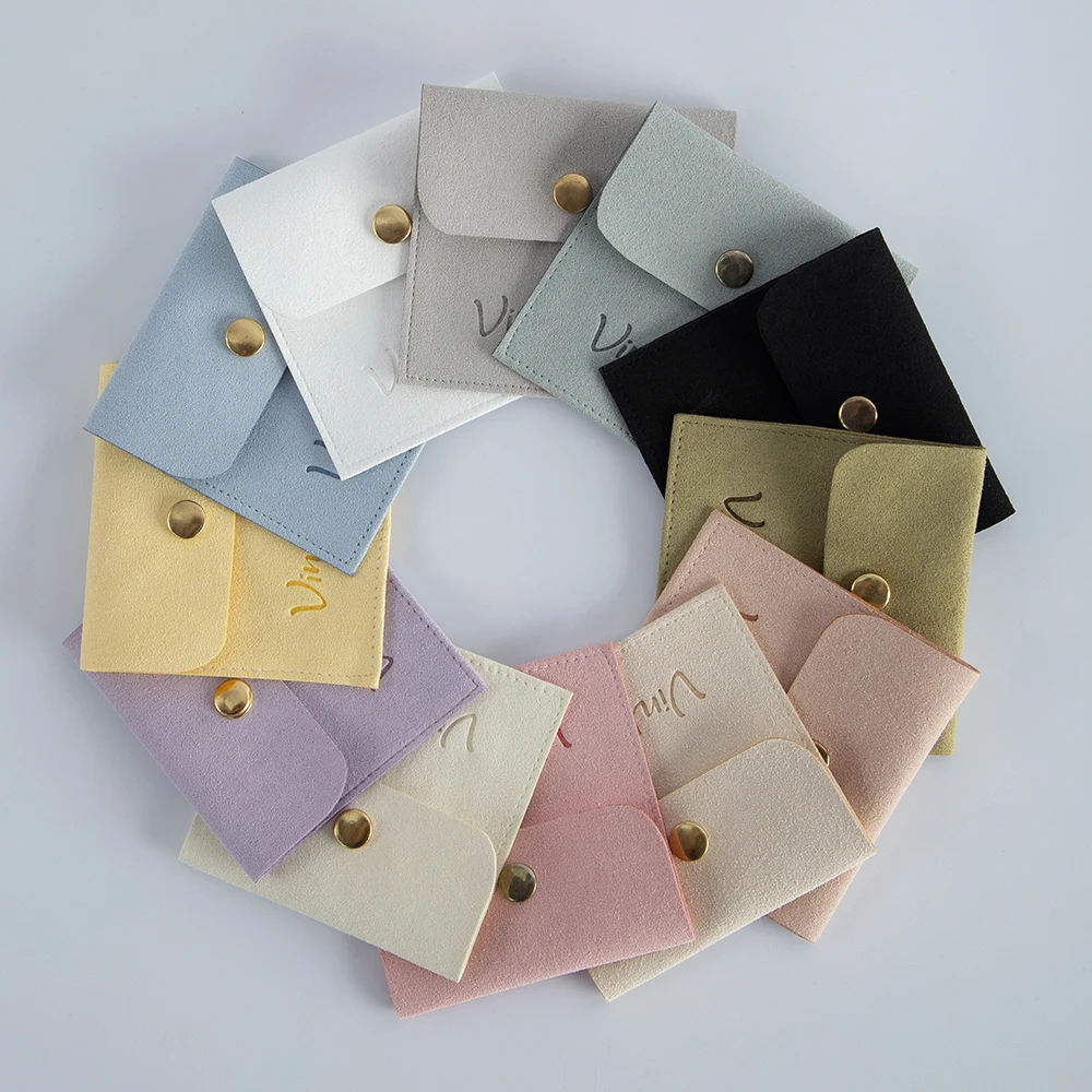 50pcs Custom Logo Jewelry Pouches Microfiber Snap Button Rings  Earrings Packaging Organizer Gift Bags Wedding Stuff Wholesale