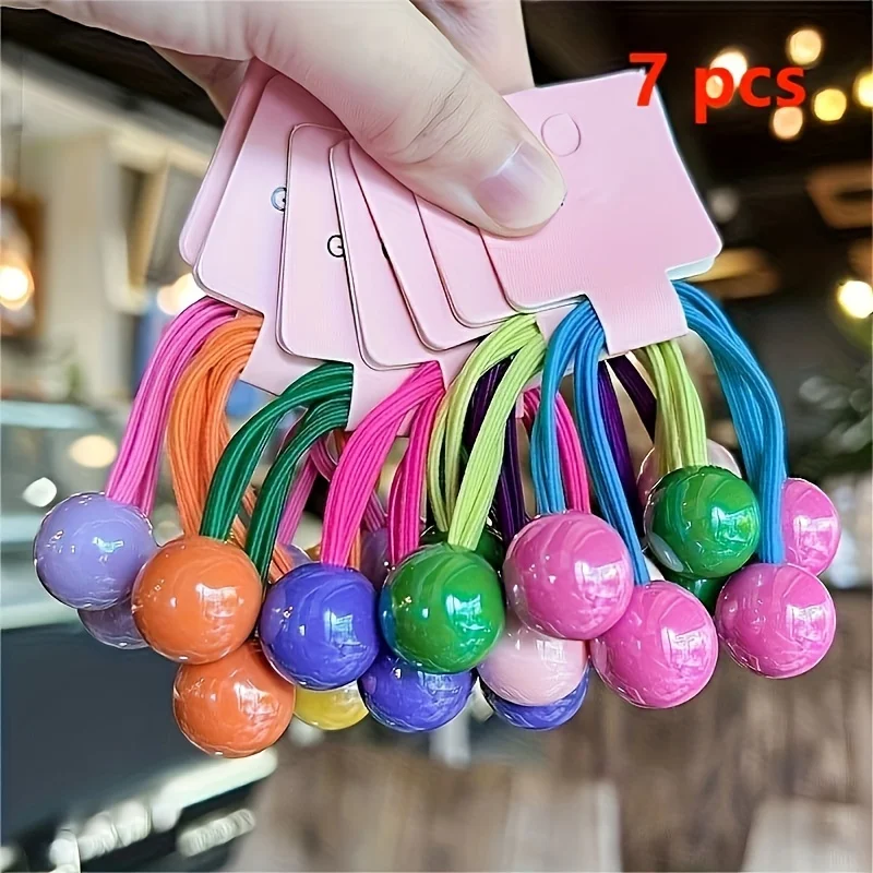 Vibrant Non-Slip Ponytail Holders with Ball Accents – Set of 7 Hair Ties