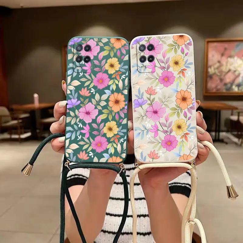 Elegant Purple Floral Lanyard Silicone Phone Case with Adjustable Strap