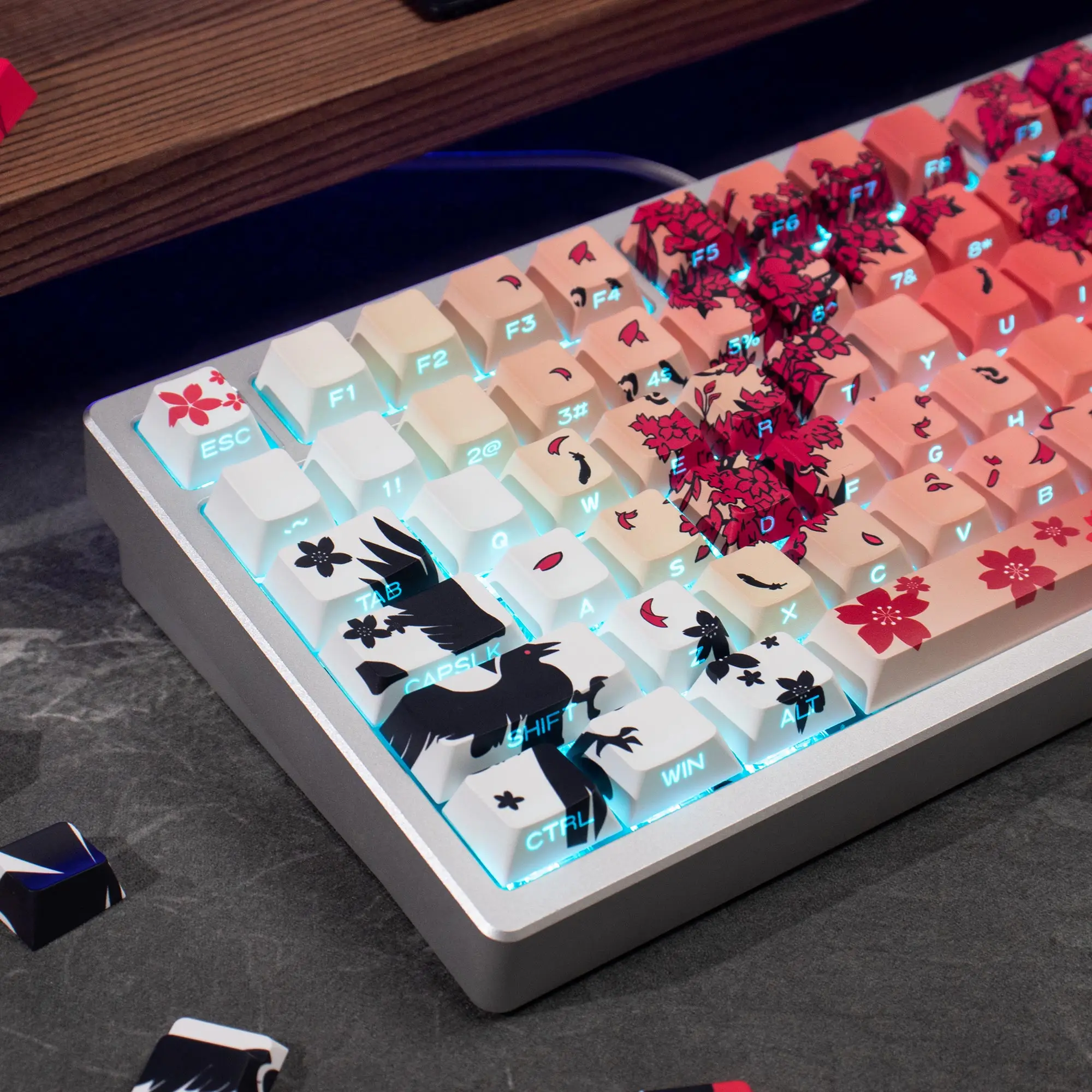 131 keys Raven Sakura Keycaps Dye Sub Cherry Profile PBT Keycaps