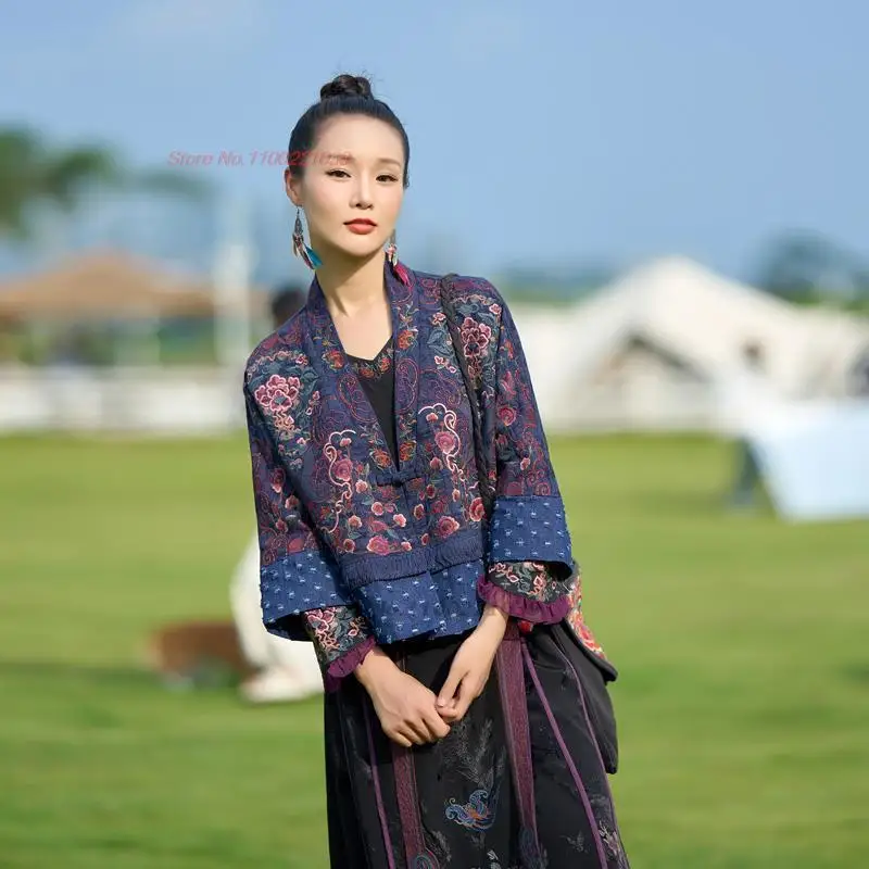 chinese vintage hanfu coat national flower embroidery v-neck ethnic cardigan improved hanfu tops oriental retro tang suit