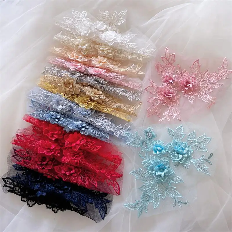3D Wedding Dress Lace Applique 10Pieces/5Pair DIY Craft Flower Patch Garment Auxiliary Material Gold Blue Patch RS0446 lace fabric lace garment accessories sewing patches lace sewing supplies lace decoration lace accessories lace sewing accessories clothing accessories