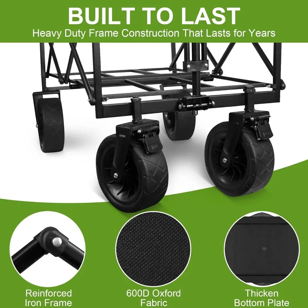 Collapsible Wagon Cart, Portable Heavy Duty Large Capacity Outdoor Garden Wagon with Big All-Terrain Wheels and Drink Holders 4
