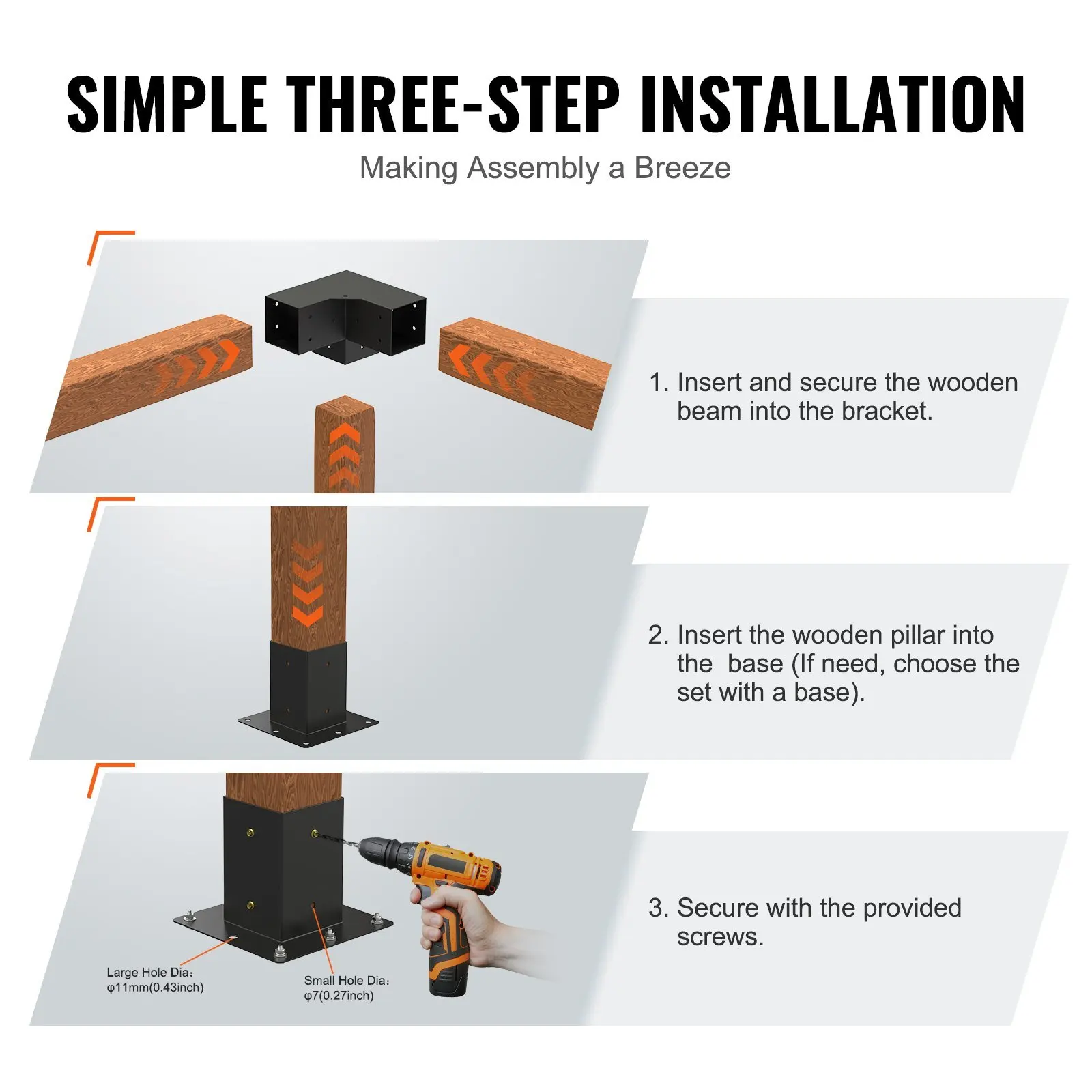 Pergola Bracket Kit 4''x4'', 4pcs 3-Way Heavy Duty Corner Bracket Woodworks DIY Post Base Kit, Easy Installation Wooden Be 6