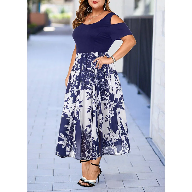 Elegant O-Neck Solid Off Shoulder Hollow Out Short Sleeve Women Casual Printing Patchwork Elastic Waist Plus Size Midi Dress