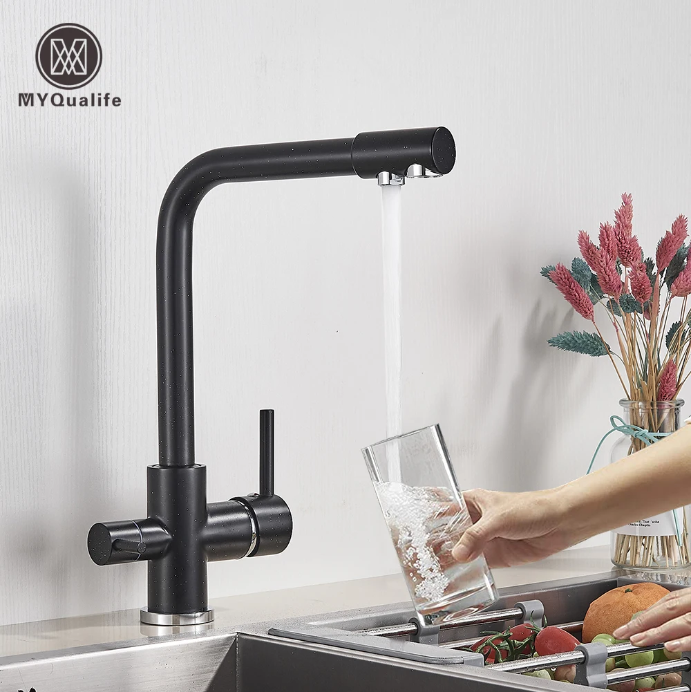 Matte Black Brass Pure Water Kitchen Faucet Dual Handle Hot and Cold Drinking Water 3-way Filter Kitchen Purified Mixer Taps double bowl kitchen sink