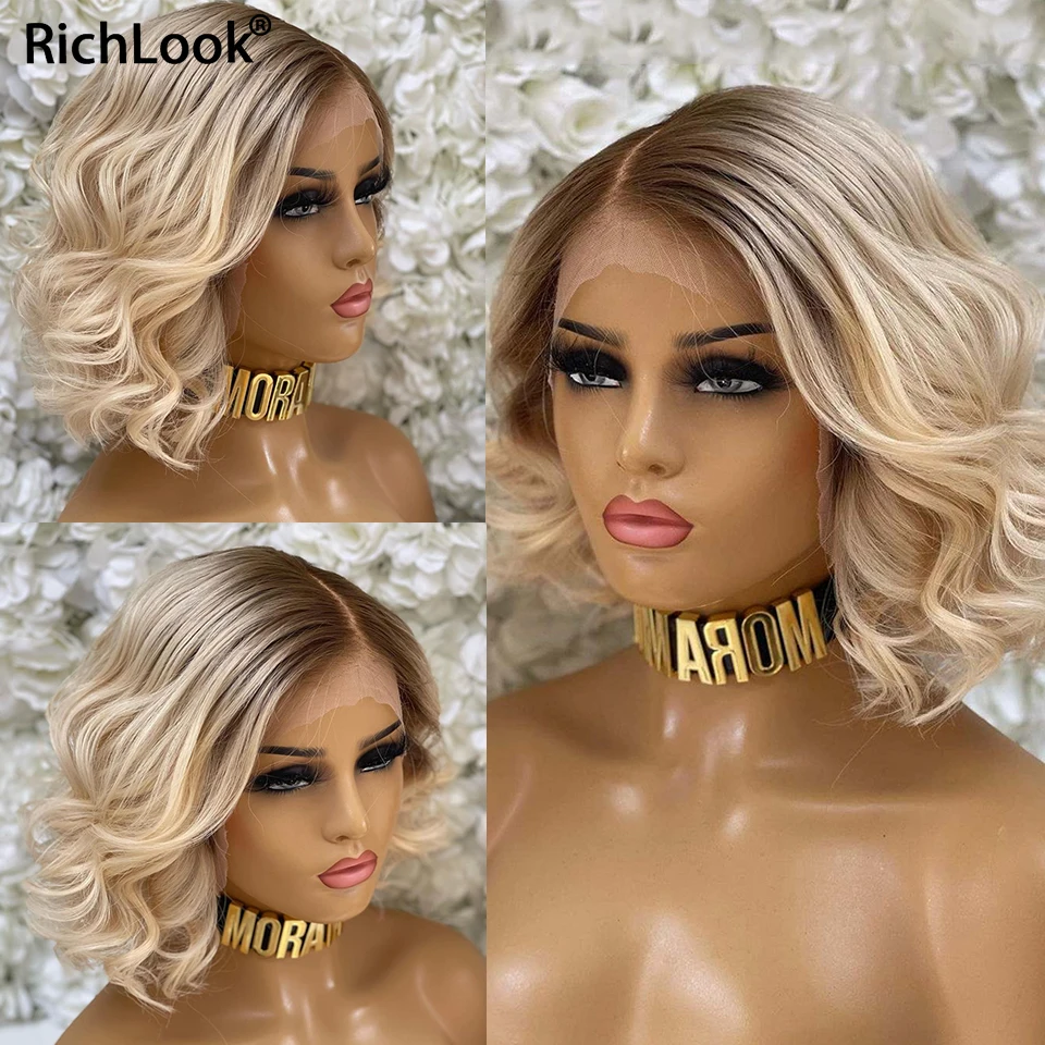 

Transparent Ombre Blonde Short Loose Wave Lace Front Wig 613 Lace Frontal Wig Human Hair Side Part 13x6 Colored Human Hair Wigs