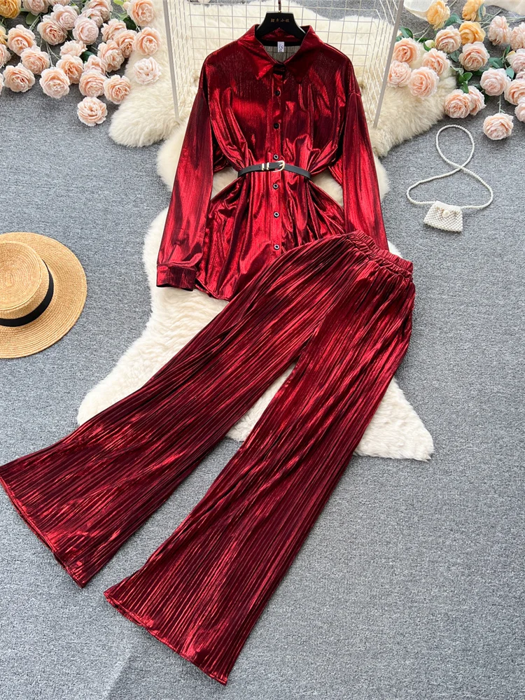

Spring Autumn Women Vintage Two Piece Set Red/Green/Purple Turn-Down Collar Single Breasted Blouse + Wide Leg Pants Female Suit