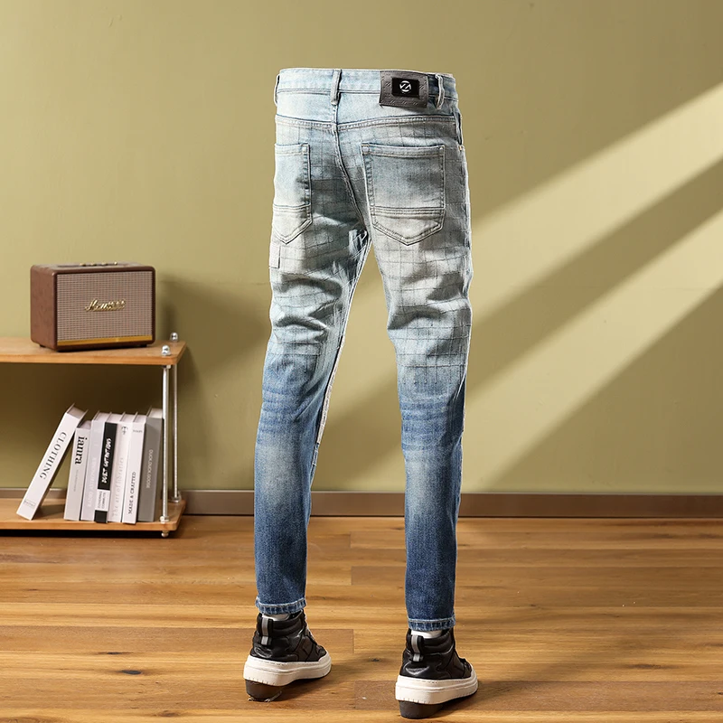 New high-end light luxury denim MEN'S patchwork patchwork slim fitting straight leg heavy-duty embroidery ruffled handsome denim