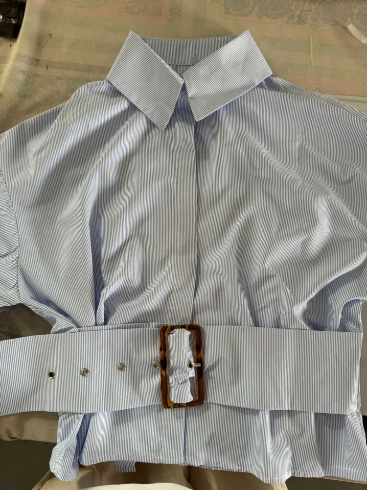 Wmstar Women Tops Wholesale New Design Style Lapel Cinched Waist Tie Short Striped Long Sleeved Shirt with Belt Drop Shopping