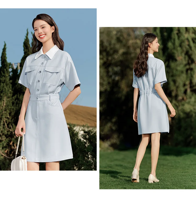 Dress Women Turn-Down Collar Stylish And Chic Summer New Simple And Sweet Waist-Cinching Short Skirt