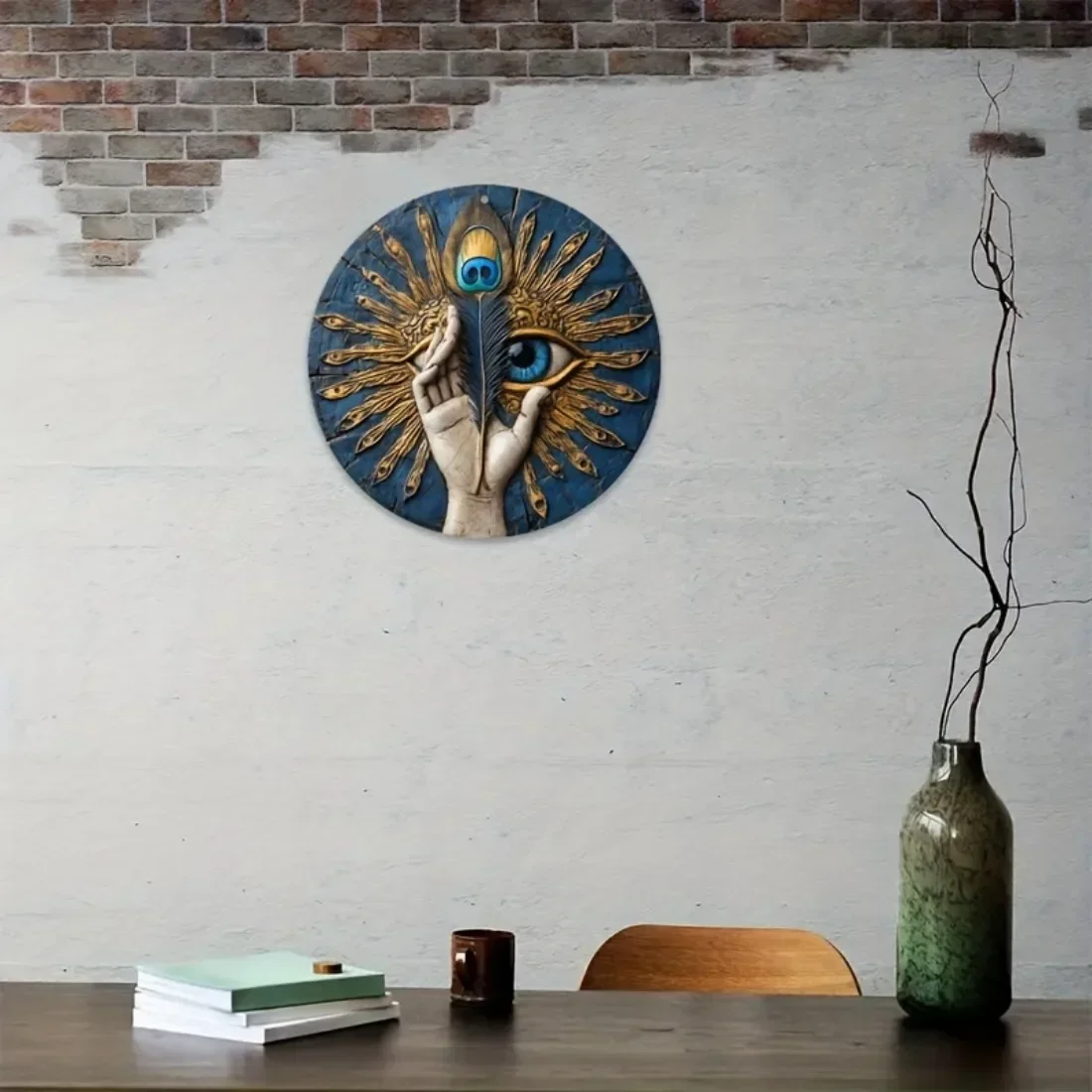 π Vintage Greek Evil Eye Wall Art β Blue & Gold Iron Tin Sign with Feather Detail 6