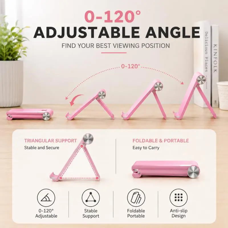 Adjustable Foldable Phone and Tablet Stand - Portable, Anti-Slip Desk Holder for Office and Travel, Available in 8 Colors