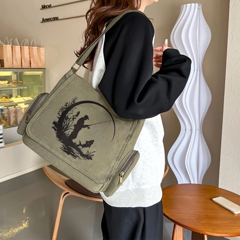 Vintage Men's Shoulder Bag Crossbody Bag Canvas Messenger Bag Fishing Print Large Capacity Travel Men's Bag