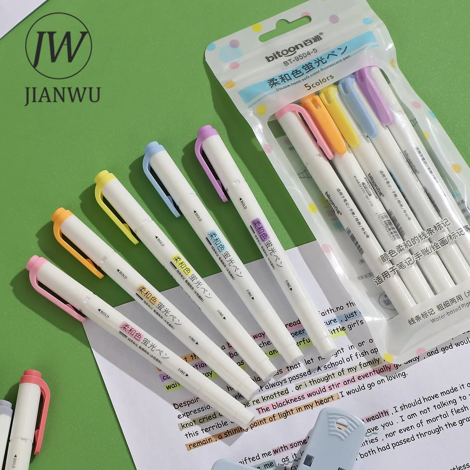 Double-ended Eye Protection Highlighter Set Smooth Writing Multicolor Marker Pen Creative DIY Student Supplies 5 Pcs/set