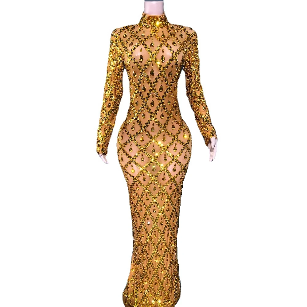 Rhinestones Sexy Evening Dance Dress Women Long Sleeve Sparkly Sequins Prom Birthday Performance Costume