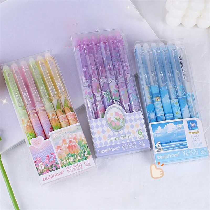 0.5mm Blue Black Ink Erasable Gel Pens 6pcs Tulip Flowers Neutral Pens with Erasers for School Office Cute Pens Writing Tools tulip flower shower curtain blue purple floral waterproof fabric bathroom curtain 3d printing bathtub screen with hooks 180x200