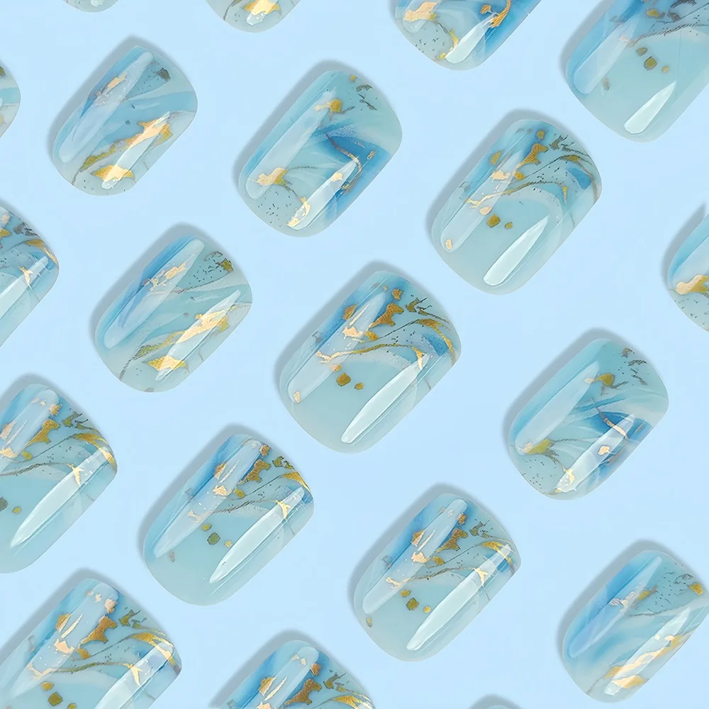 Description Picture 5 of item24pcs/set short Square fake nails Fashion geometric Blue Ocean Wave aurora glitter flowers cat eyes press on false nail art kit