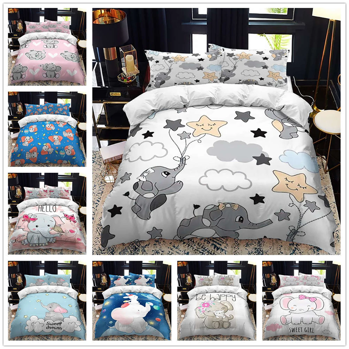 

Animal elephant Cartoon children duvet cover set queen calico Twin size comforter bedding set Single complete set