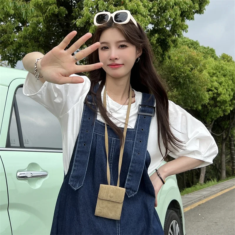 Overalls Shorts For Women's Summer Denim Shorts Korean Style Wide Leg Jeans Blue High Waisted Baggy Crimping Y2k Fashion Shorts