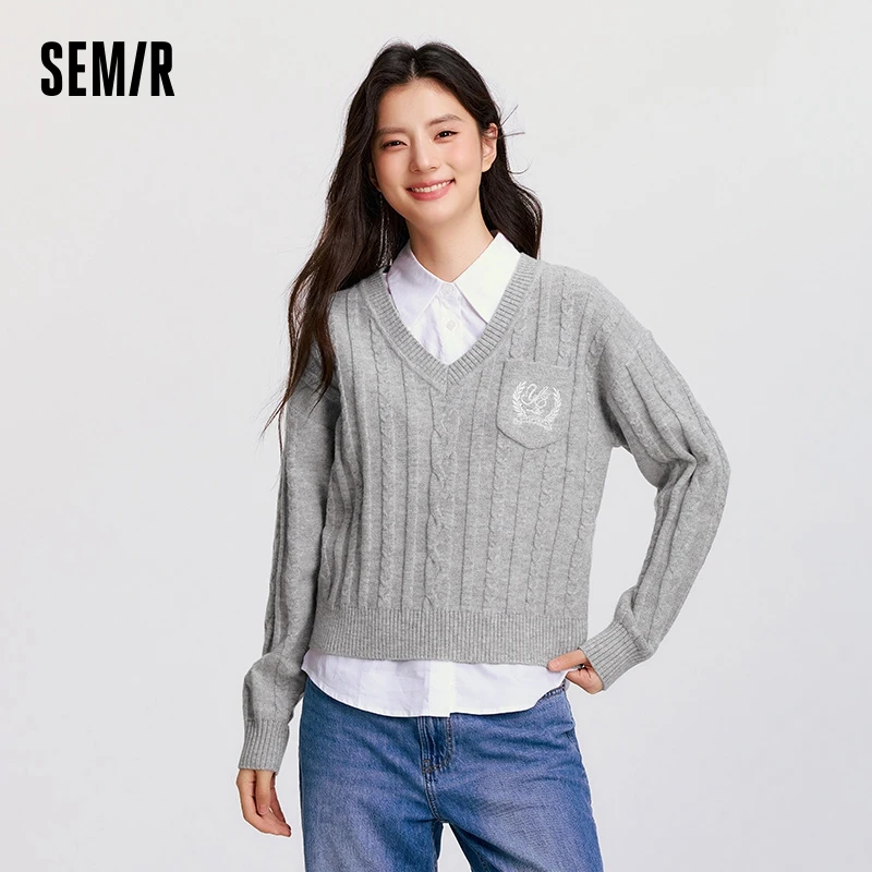 Semir Sweater Women V-Neck Cable Knit Sweater Sleeveless Shirt 2024 New Winter Loose Two-Piece Set 3