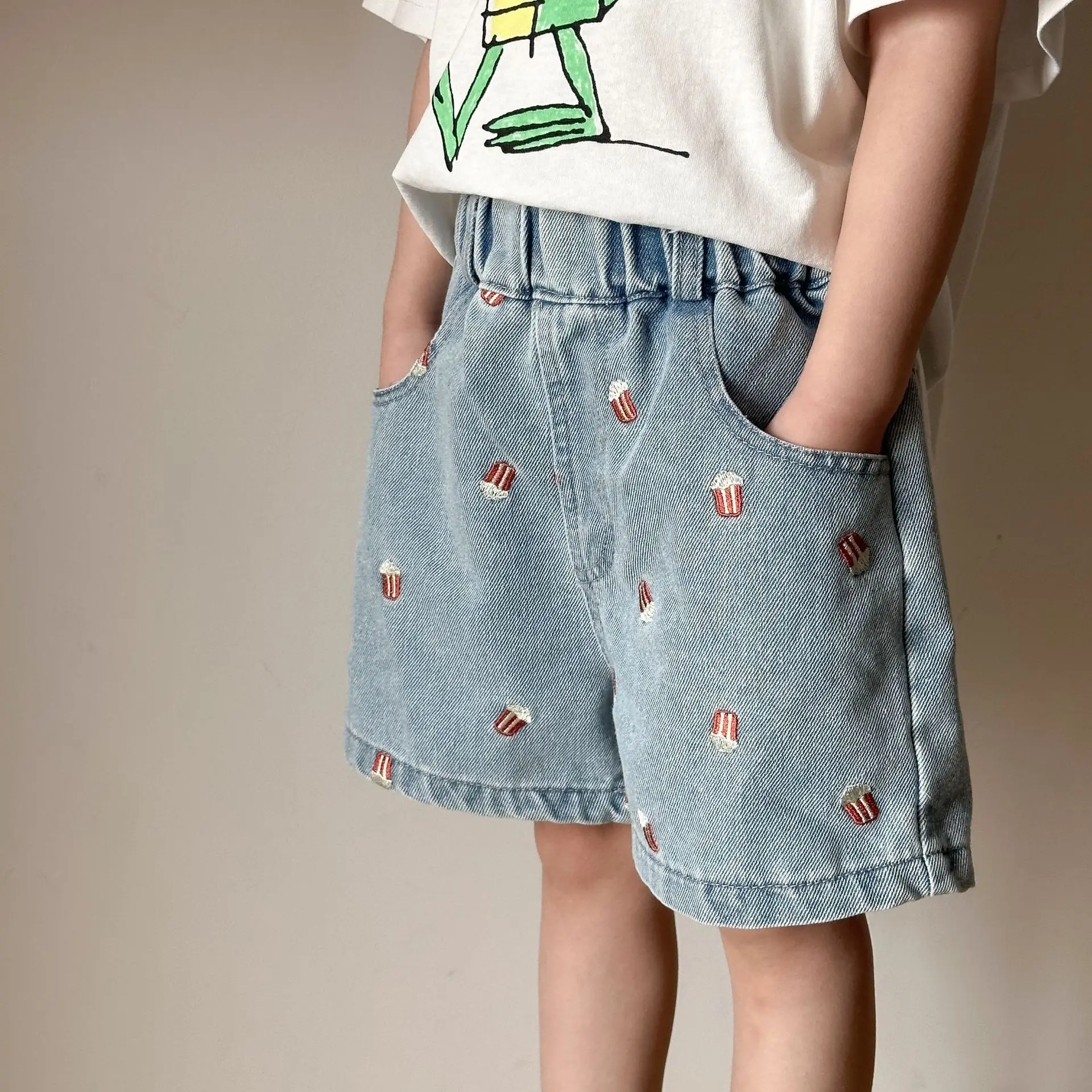 Kids Denim Shorts with Popcorn Embroidery for Boys Girls