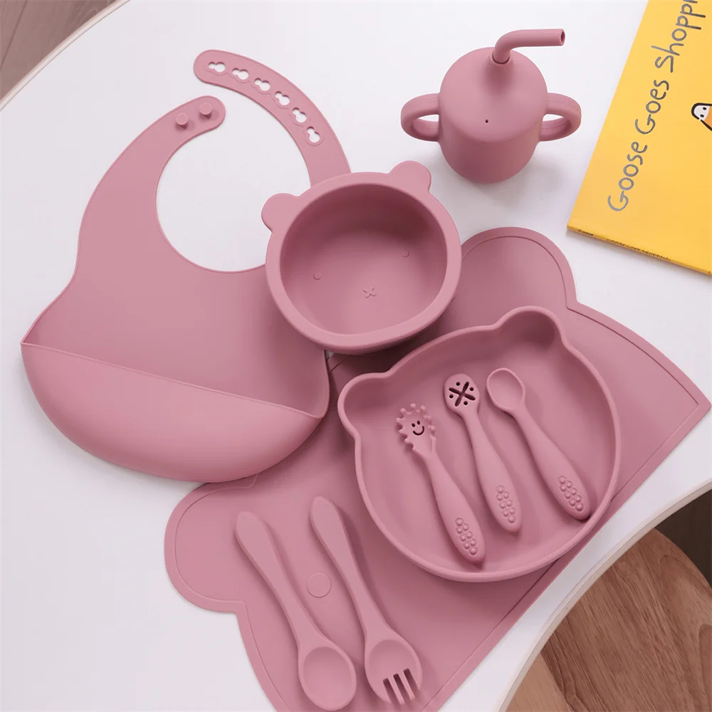 Color Kids 10PCS Soft Silicone Baby Feeding Set Suction Bowl Plate Bib Cup Utensils Waterproof Placemat Toddler Tableware Kit